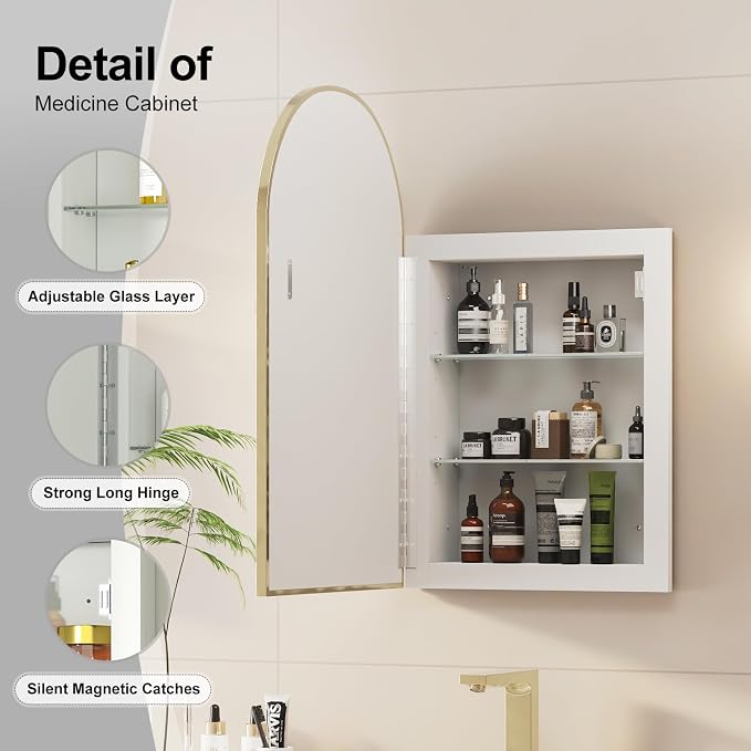 Recessed Medicine Cabinet Mirror, Brushed Gold Arched Medicine Cabinet - Image 4