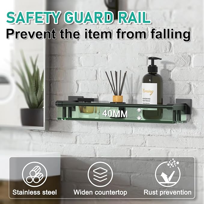 Glass Shelf 16IN for Bathroom Black Rectangular Stainless Steel Tempered Glass - Image 3