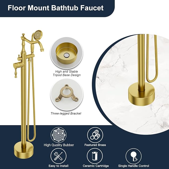 Brushed Gold Bathtub Faucet Freestanding Tub Filler High Pressure Single Handle - Image 3