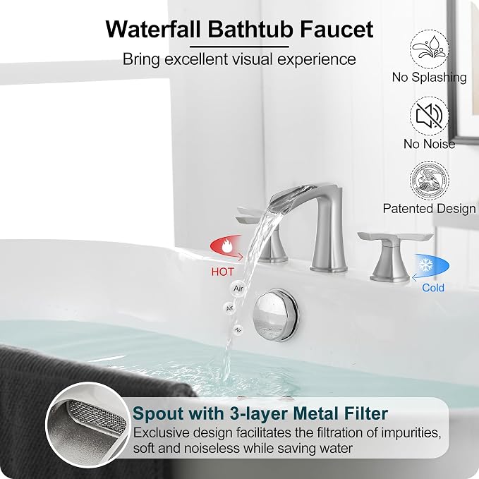 3 Hole Roman Tub Faucet Waterfall Brass Brushed Nickel Bathtub Faucet Set - Image 2