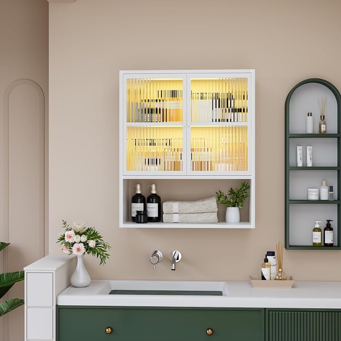 Metal Wall Cabinet with Glass Doors & LED Lights, Small Wall Mounted Medicine - Image 5