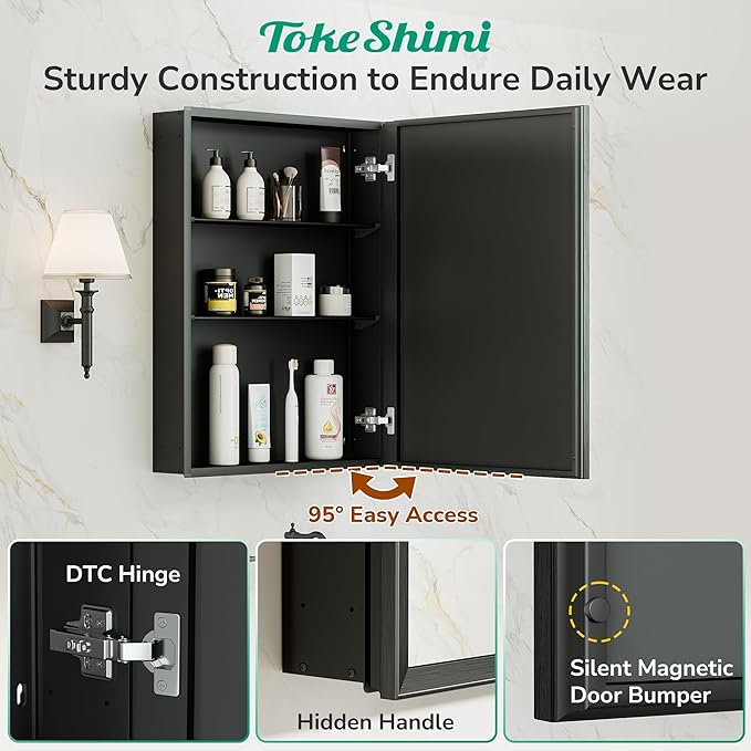 TokeShimi 36 x 24 Black Recessed Medicine Cabinets, Assembly Required, Bathroom - Image 7