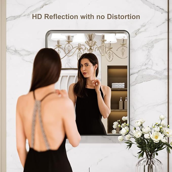 LOAAO 20x16 Inch Brushed Nickel Bathroom Mirror, Rounded Rectangle Silver Metal - Image 2