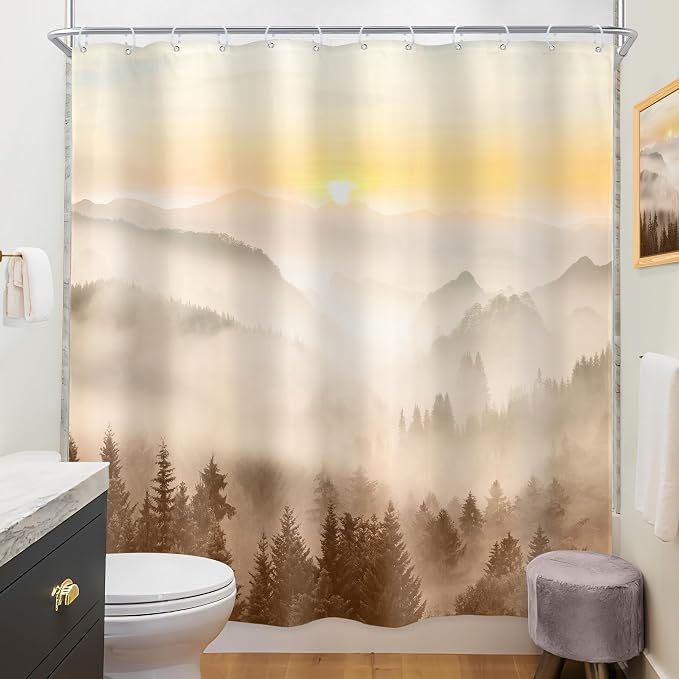 Riyidecor Misty Mountain Shower Curtain 72Wx72H Inch Brown Sunrise Nature - Image 3