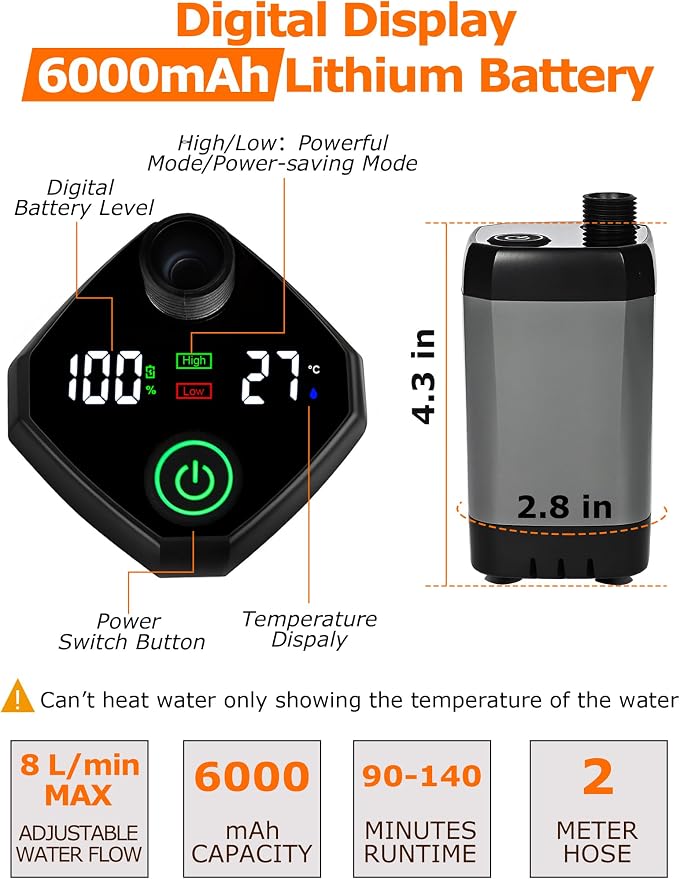 innhom Portable Camping Shower, 6000mAh Rechargeable Camp Shower Pump - Image 3