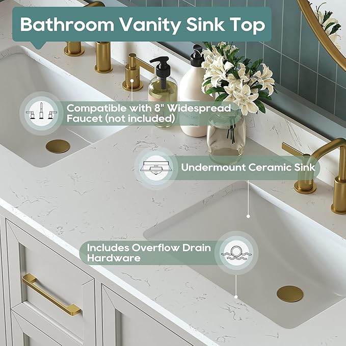 60 Inch Bathroom Vanity with Double Sink Combo, Solid Wood Frame with Mable Top - Image 6
