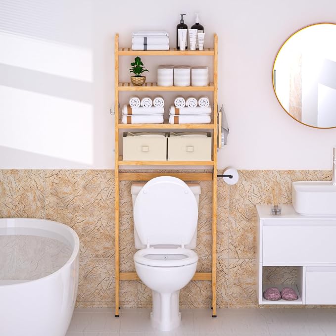 Over The Toilet Storage with 2 Baskets, 4-Tier Bamboo Organizer Rack with Paper - Image 7