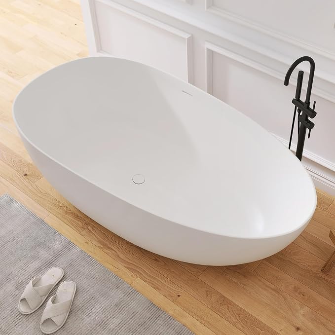 67" Stone Resin Freestanding Bathtub, Oval Solid Surface Bathroom Freestanding - Image 6