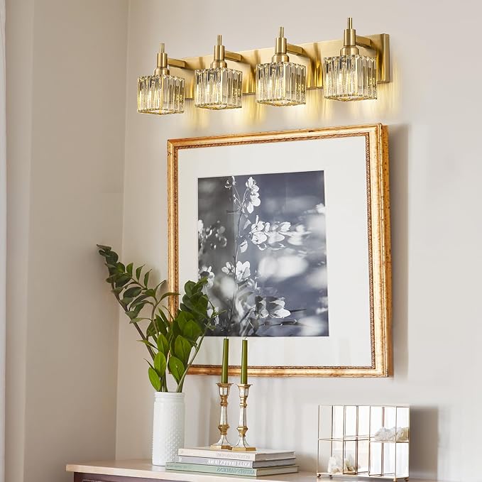 Gold Bathroom Light Fixtures, 4-Lights Crystal Bathroom Vanity Light Over - Image 8