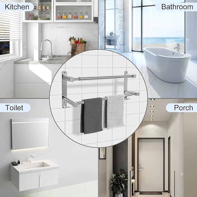 Double Towel Bar, Stainless Steel Adjustable 16 to 28In Double Towel Racks - Image 3