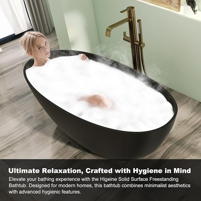 55" Premium Solid Surface Freestanding Bathtub, Upgraded Oval Stone Resin Tub - Image 6