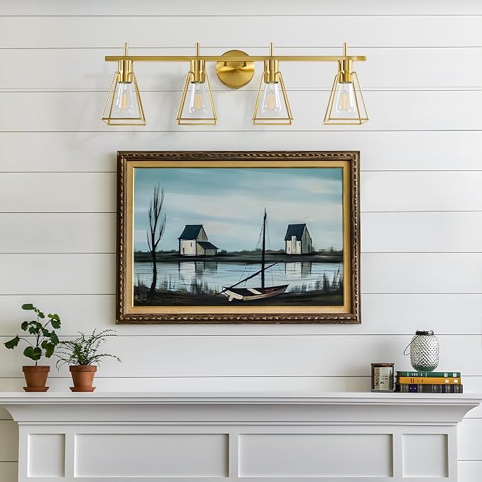 Industrial Bathroom Vanity Lights: 4-Lights Gold Brushed Brass Vintage Metal - Image 5