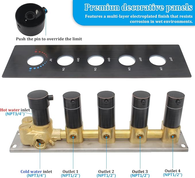 HOMEDEC Oil Rubbed Bronze Brass 4 Way Shower Valve and Trim Kit, Thermostatic - Image 3
