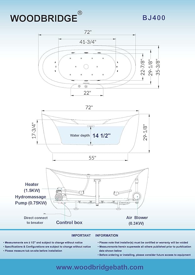 WOODBRIDGE 72" x 35-3/8" Whirlpool Water Jetted and Air Bubble Freestanding - Image 5
