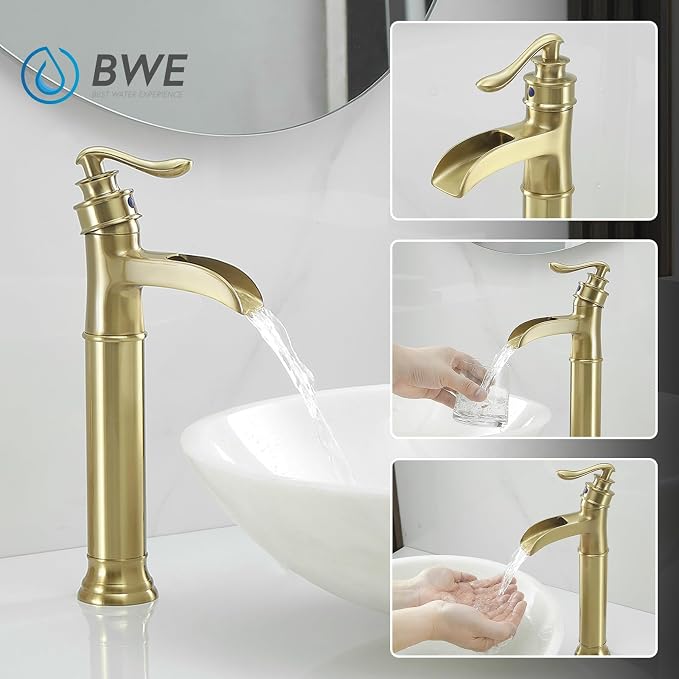 BWE Waterfall Vessel Sink Faucet Brushed Gold Single Handle Tall Single Hole - Image 2