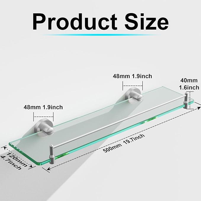 20 Inches Glass Shelves for Bathroom, Brushed Nickel Floating Glass Shelf - Image 3