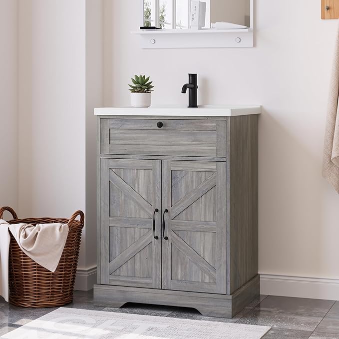 23.62" Bathroom Vanity with Ceramic Sink, Farmhouse Bathroom Vanity Cabinet by SmartFENDEE