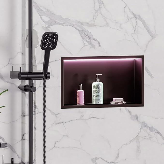 RGB LED Light Shower Niche, Matte Black 18X12 in Stainless Steel Recessed - Image 7