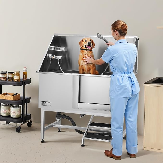 VEVOR Stainless Steel Dog Washing Station, 50 inch Pet Grooming Tub w/Stairs - Image 8