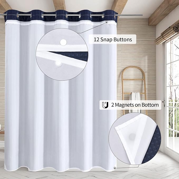 MitoVilla No Hooks Required Navy Blue Waffle Shower Curtain Liner Set, Modern - Image 2