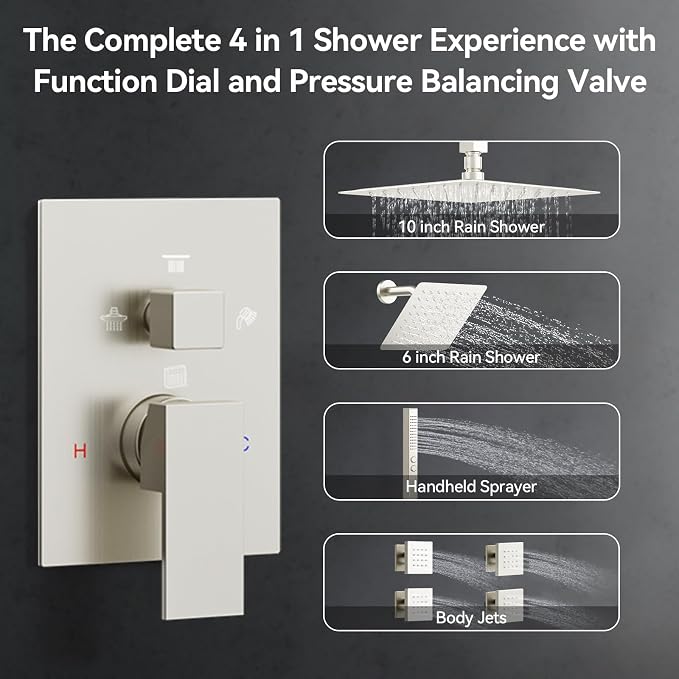 Shower Systems Brushed Nickel Shower Faucet Sets, Bostingner 4 Modes 10+6" - Image 2