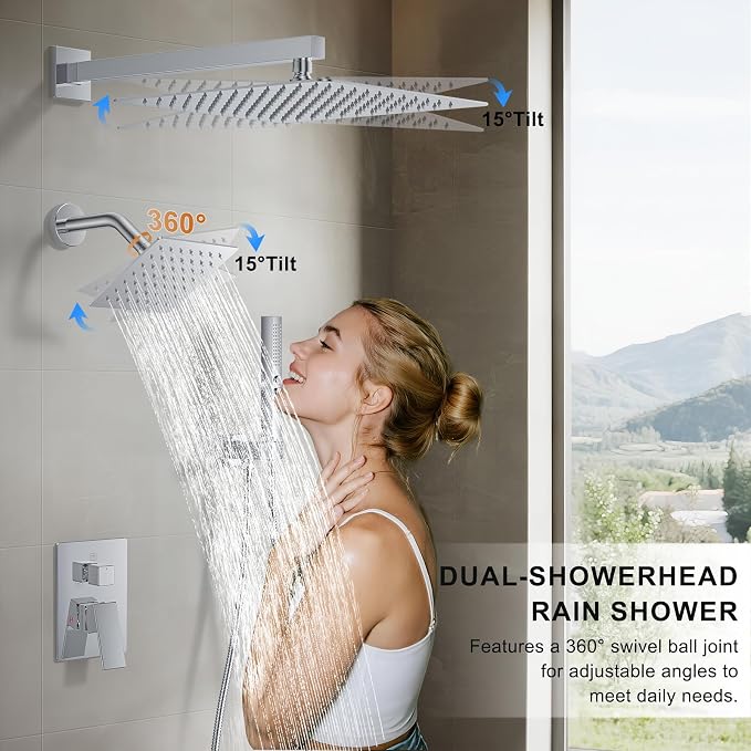 Shower Faucet Set, Wall Mount Shower System 12 and 6 Inch Dual Shower Head Set - Image 3