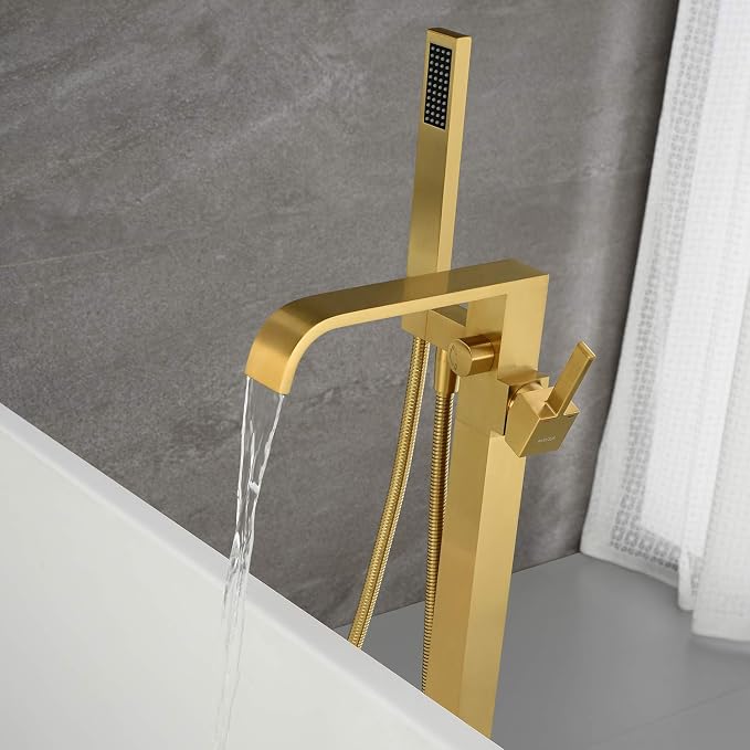 Freestanding Bathtub Faucet Tub Filler Brushed Gold Floor Mount Faucets Brass - Image 4
