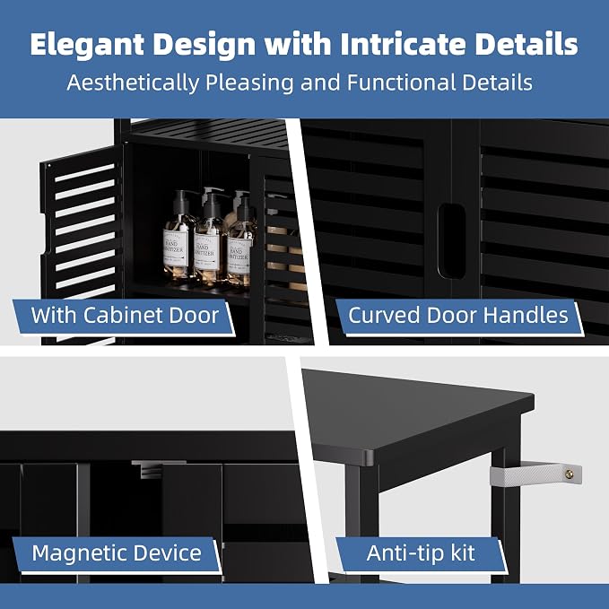 HITNET Black Bathroom Storage Cabinet, Freestanding Bamboo Floor Cabinet 4 Tier - Image 6