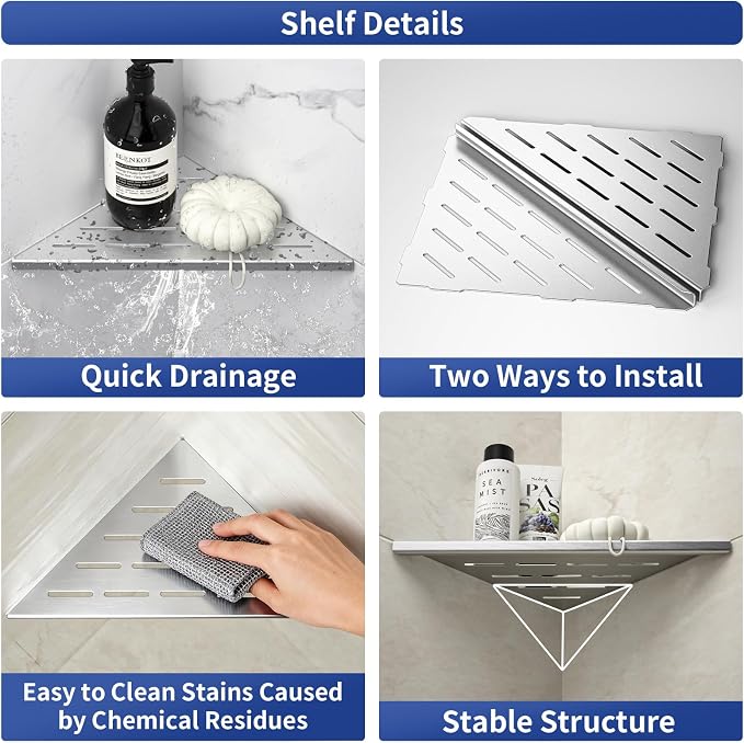 Corner Shower Shelf 10" Brushed 304 Stainless Steel Slot Design Recessed Corner - Image 2
