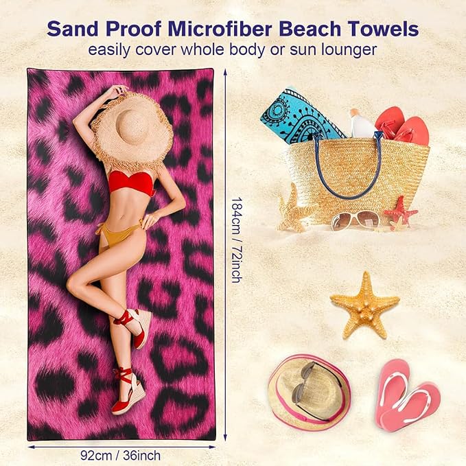 Pink Leopard Print Love Beach Towel 36"x72" Quick-Dry Sand-Free Soft Microfiber - Image 3