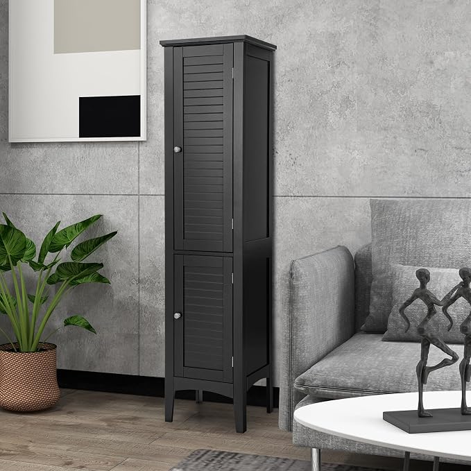 COSTWAY Tall Bathroom Storage Cabinet, 5-Tier Freestanding Linen Tower Cabinet - Image 8