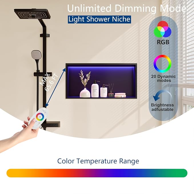 RGB LED Light Shower Niche, Matte Black 24X12 in Stainless Steel Recessed - Image 5