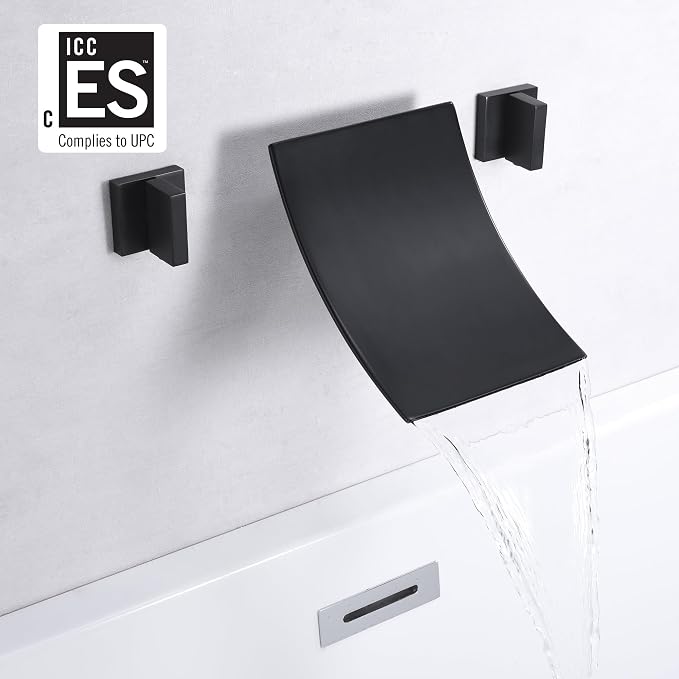 SUMERAIN Wall Mount Bathtub Faucet Waterfall Tub Filler Matte Black High Flow - Image 2