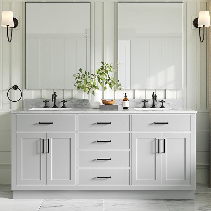 ARIEL Double Bathroom Vanity 73" Grey, Italian Carrara Marble Countertop & by Ariel