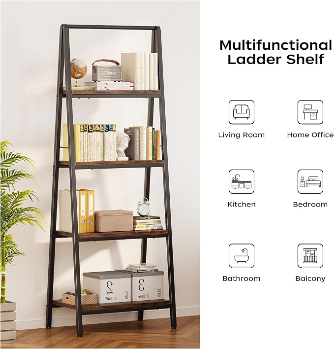 Homeiju 4-Tier Leaning Ladder Bookshelf, Rustic and Wood Ladder Shelf Bookcase - Image 6