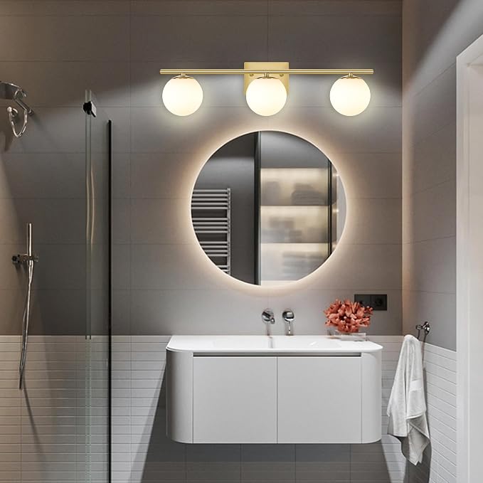 New Bathroom Vanity Light Fixtures 3 Lights Brushed Brass Glass Shade Modern - Image 7
