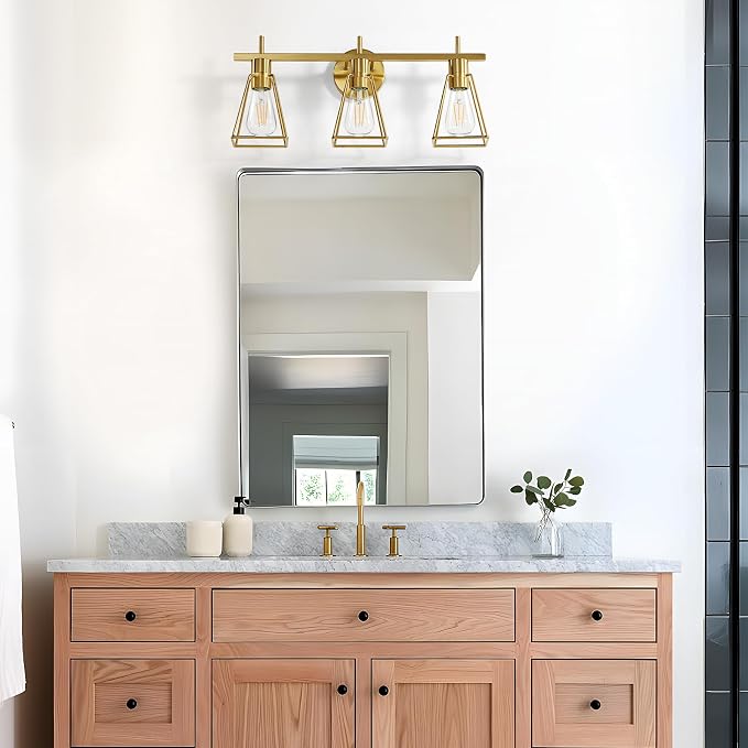 Industrial Bathroom Vanity Lights: 3 Lights Brushed Gold Vintage Metal Cage - Image 5
