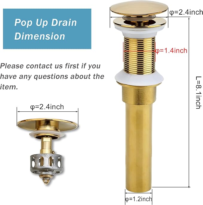 Bathroom Sink Drain, 2 Pack Gold Drain Stopper Bathroom Sink Without Overflow - Image 2