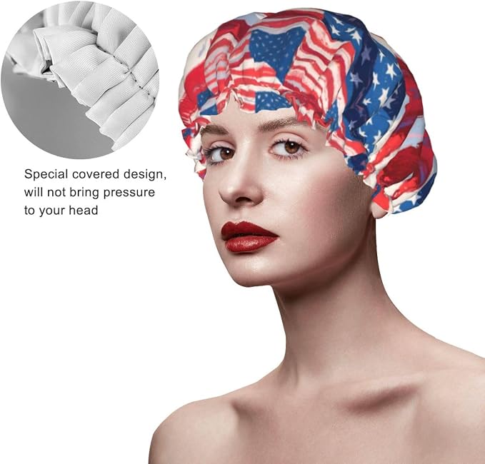Double Layers Shower Cap for Women Girl, USA Flag Grunge Old American Flag Art - Image 4