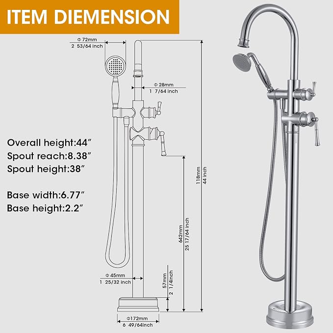Freestanding Tub Faucet, Floor Mount Tub Faucet Polished Chrome High Flow Tub - Image 5