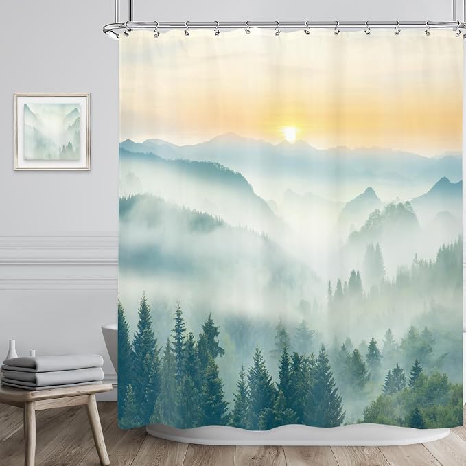 Riyidecor Misty Mountain Shower Curtain 60Wx72H Inch Green Spring Scenery - Image 2