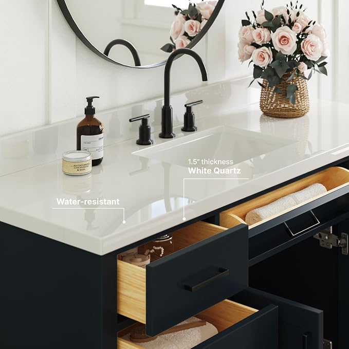 ARIEL Bathroom Vanity 61" Midnight Blue, 1.5" Edge Pure White Quartz Countertop - Image 6