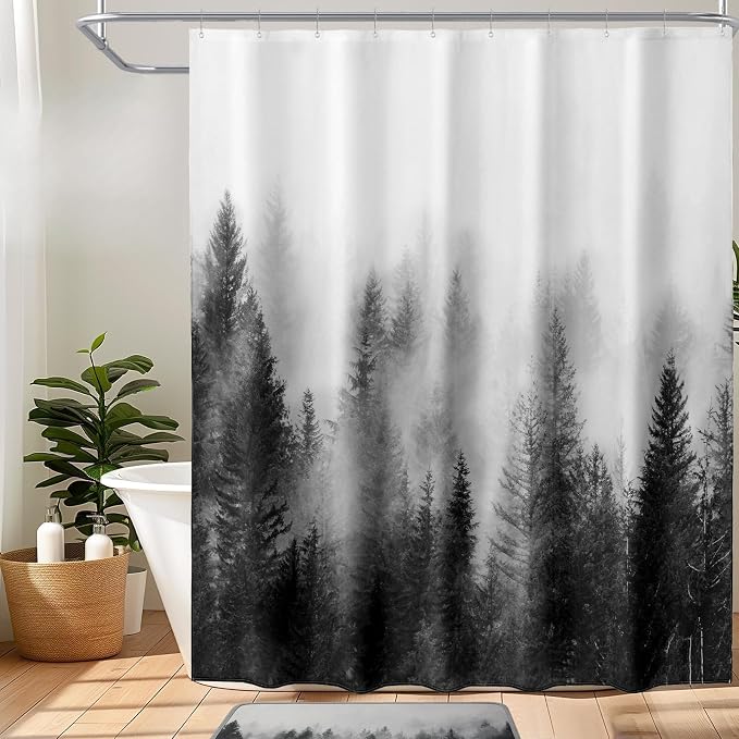 ORTIGIA Black and White Misty Forest Shower Curtain by ORTIGIA