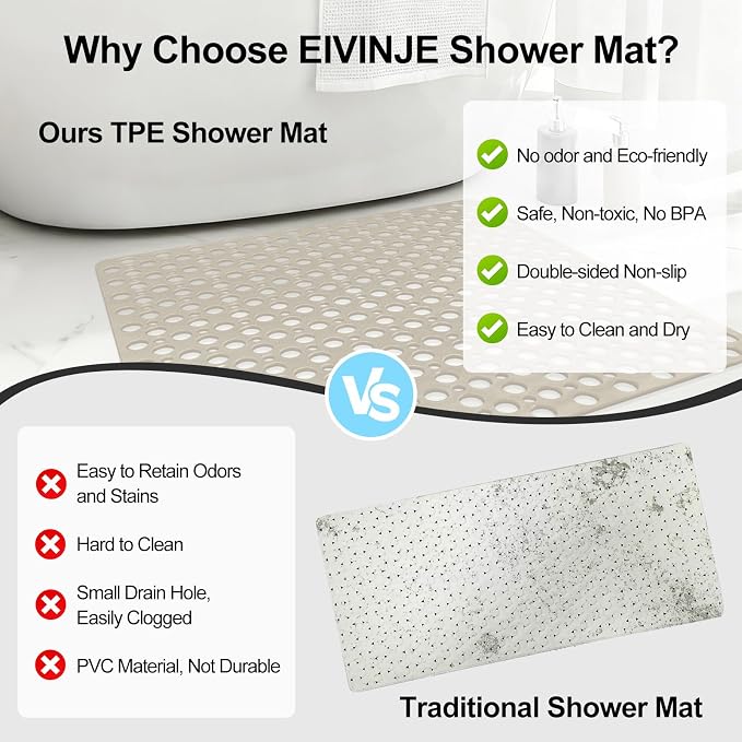 Anti Slip Shower Mat with Suction Cups, 27x27 Inch Quick Drain TPE Non Slip - Image 6
