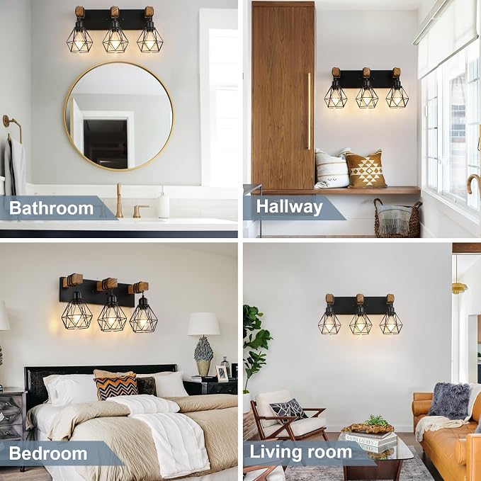 Farmhouse Vanity Light for Bathroom, 3-Light Wood Bathroom Vanity Light - Image 8