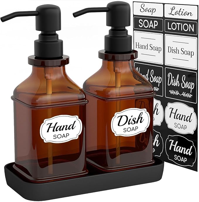 Soap Dispenser - 2 Pack, Antique Design Thick Amber Glass Hand Soap Dispensers by LMQML