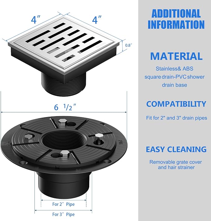 Neodrain Square Shower Drain, 4 inch Stainless Steel 304 Grate and PVC Drain - Image 3