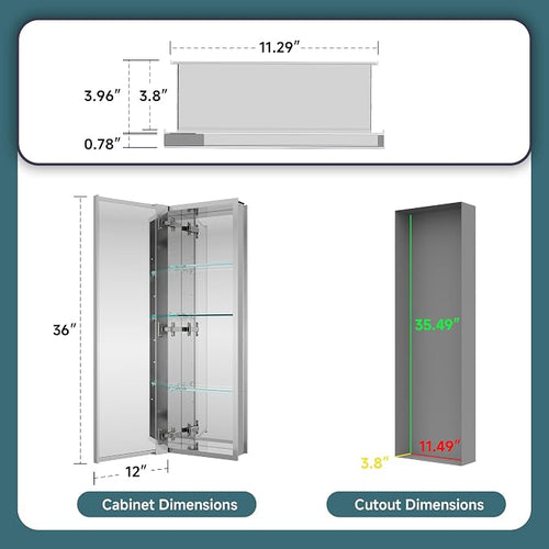 12"x36" Recessed Medicine Cabinet Mirror, Aluminum Silver Medicine Cabinet - Image 2