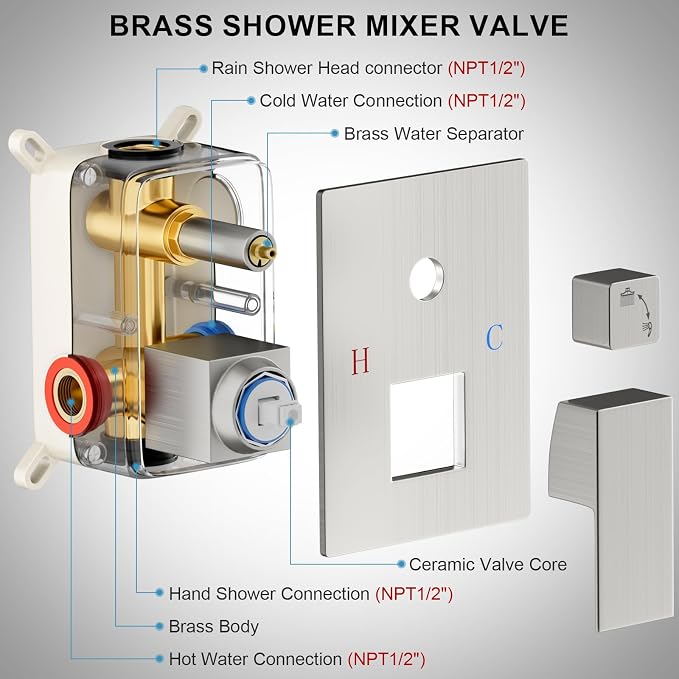 Shower Faucet Set Bathroom Square Rain Shower Head and Handle Set, Wall Mounted - Image 6