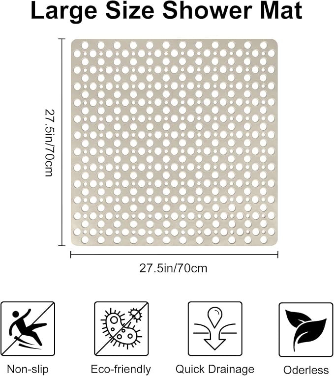 Anti Slip Shower Mat with Suction Cups, 27x27 Inch Quick Drain TPE Non Slip - Image 2